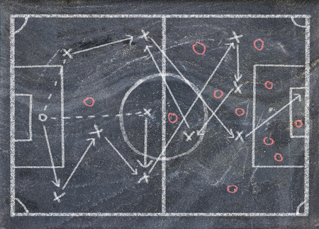 Soccer strategy tactics drawing, scribble on black boardの写真素材