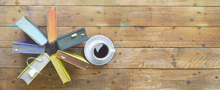 Arrangement of books, panorama format, free copy space.Reading, learning, literature concept.の写真素材