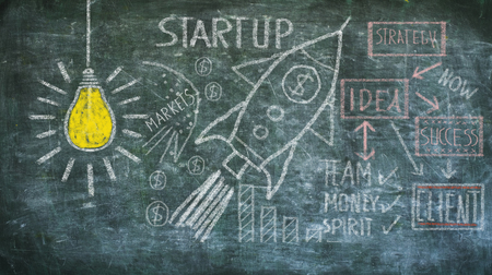 start up, idea, innovation, solution concept on black board, design template, large copy spaceの写真素材