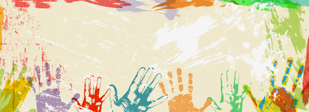 banner or design template with multicolored hand prints and paint splashes vector illustrationのイラスト素材