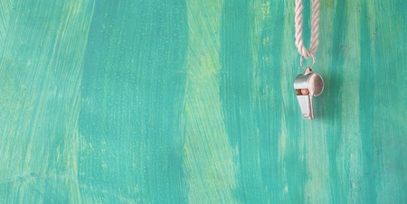 whistle of a soccer or football referee or trainer on green background, mockup, free copy space