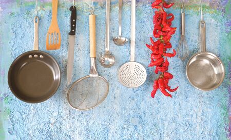 professional kitchen utensils for restaurant and spicy hot pepper, culinary,cooking,menu,mockup, free copy spaceの写真素材