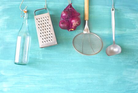 Hanging kitchen utensils for commercial kitchen,restaurant,cooking,kitchen concept. 
