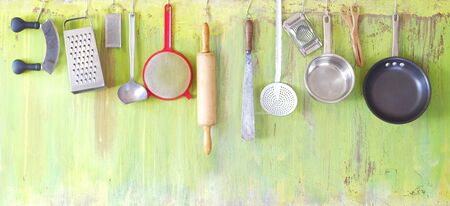 Kitchen utensils for commercial kitchen, panorama format, restaurant,cooking, culinary concept. Free copy spaceの写真素材