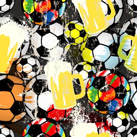 Soccer or Football seamless background with soccer balls and mugs of beer, grunge style vectorのイラスト素材