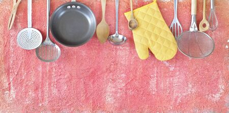 Kitchen utensils for commercial kitchen, panorama format, restaurant,cooking, culinary mock up. Free copy spaceの写真素材