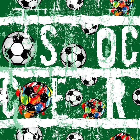 Soccer or Football grungy seamless background with soccer balls and grunge typography, vectorのイラスト素材