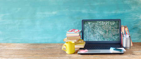 e-learning, homeschooling, online education, business training program online. Workspace, books,...