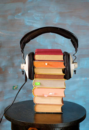 audio books, entertainment and education during corona lockdown concept, panorama format, large copy spaceの写真素材