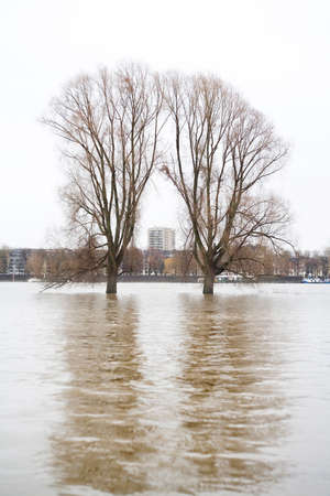 Climate change, flooding, inundation of a river, city in the backgoundの写真素材