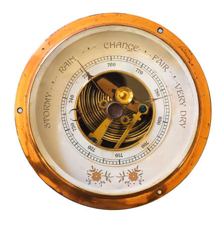 Barometer showing sunny weather and high amtospheric pressure, global warming conceptの写真素材