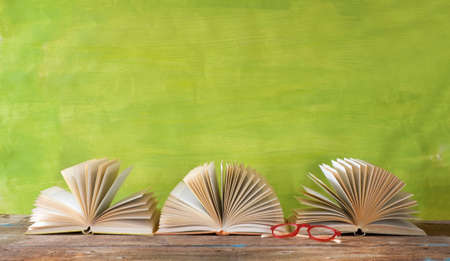 Opened books in a row. Reading, literature, education, library, home office concept, panoramic large copy spaceの写真素材