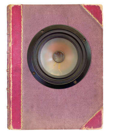 audio book concept with vintage book and loudspeaker,literature,entertainment,education,free copy space isolated on whiteの写真素材