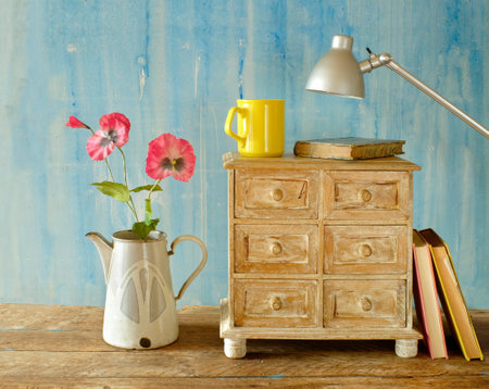 shabby chic living room design. View of modern style interior with books and small chest of...