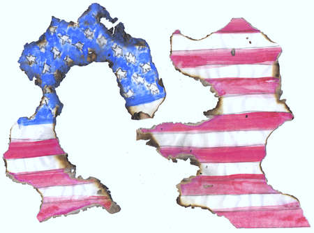 burned grungy patriotic USA flag with bullet holes, isolated on white backgroundの写真素材