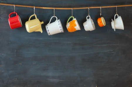 vintage coffee cups, coffee pots, coffee filter, free copy spaceの写真素材