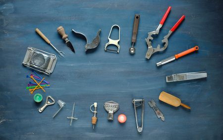 various vintage kitchen utensils, appliances, cooking tools, flat lay with free copy space