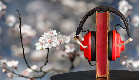 New audio book releases for spring and summer 2023 with book, vinatge headphone and cherry blossoms background.Spring Book fair, relaxation,inspiration, education, literature concept, free copy spaceの写真素材