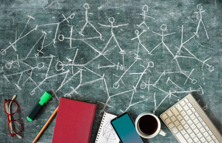 Business metaphor,networking,innovation,idea,consulting, human resources concept with drawing of network structures and office supplies, flat layの写真素材