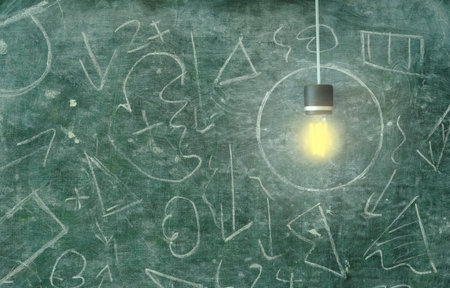 Innovation,idea,vision,simplicity business concept, light bulb in circle surrounded by chaotic forms on blackboard.の写真素材