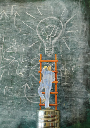 Businessman on a ladder climbing up to a lightbulb, thinking outside the box, idea, success, human resources, innovation conceptの写真素材