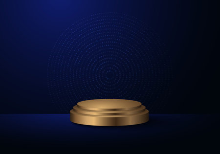 Abstract techno futurisitc cyber stage of blue digital circles halftone. Decorating with golden podium on center background. Vectorのイラスト素材