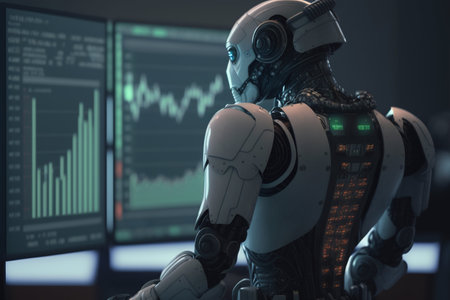 A robot looking on displayed on a graph typically shows the automation capabilities of the machine. Ai bot yhinking on stock market graph created with generative AI Technology.の素材