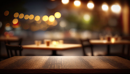 Wooden table in front of abstract blurred restaurant lights background. generative ai.の素材