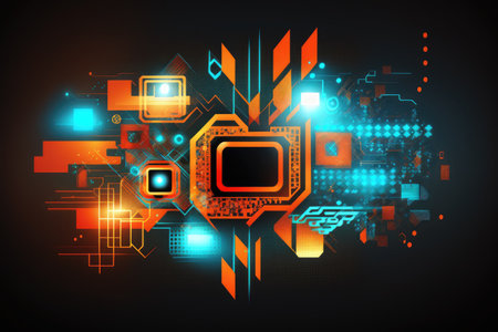 Abstract illustration depicting hi-tech computer digital technology with various technological elements on a wide gray background, created with generative ai technology.の素材