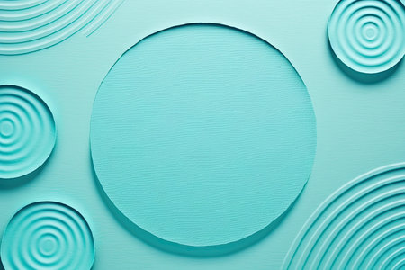 Abstract blue cylinder pedestal podium with mint color background. Generative ai.の素材
