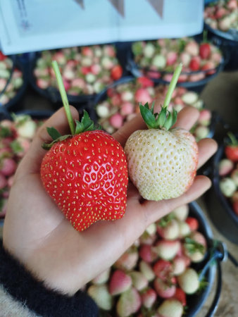 Strawberry in hand. Fresh strawberry in hand. Fresh strawberries.の写真素材