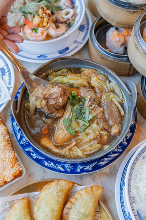 Rice noodle soup with pork and shrimp, Thai foodの写真素材