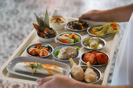 Thai food set on a tray in a restaurant, Thailand.の写真素材