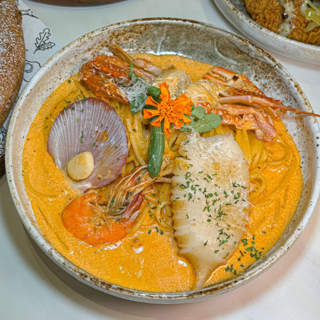 Thai food Tom Yum Goong, spicy soup with shrimp