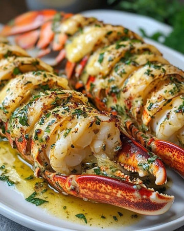 Close up of grilled lobster tails with garlic and herbs on a plateの写真素材