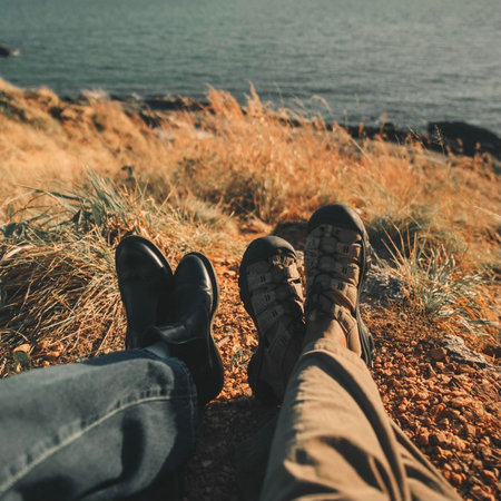 Feet of a man and a woman sitting on the edge of a cliffの写真素材