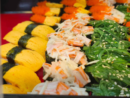 Sushi and rolls in a Japanese restaurant, closeup of photoの写真素材