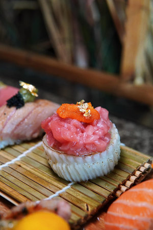 sushi japanese food style on wood background. selective focusの写真素材