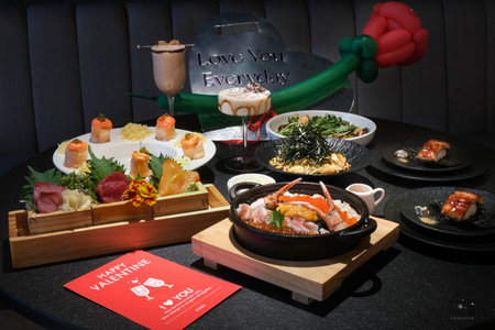 Japanese cuisine on a restaurant table, closeup of sushi and rollsの写真素材