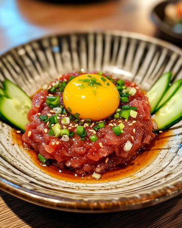 tuna tartare with egg yolk, japanese foodの写真素材