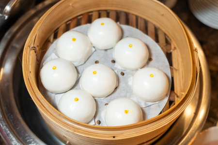 steamed dumpling - chinese dim sum in bamboo basketの写真素材