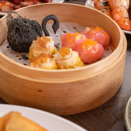 dim sum in bamboo steamer, chinese cuisine, closeupの写真素材
