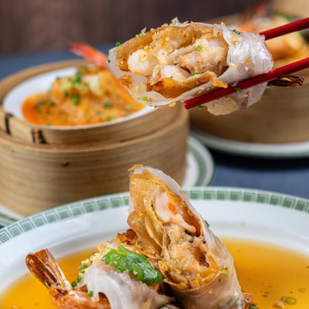 Fried spring rolls with shrimps, chinese cuisine.