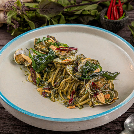 Spaghetti with pesto and clams on a wooden table.の写真素材