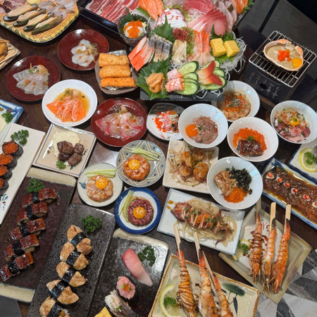 Japanese food, sashimi and sushi on display at a Japanese restaurantの写真素材