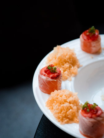 Sushi set on a white plate, Japanese food style, selective focus