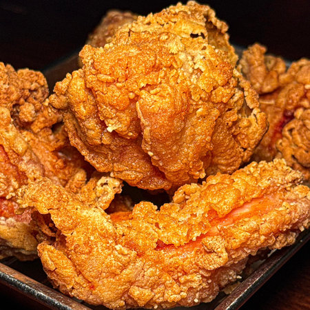 Fried chicken on a black background. Close-up, selective focus.の写真素材