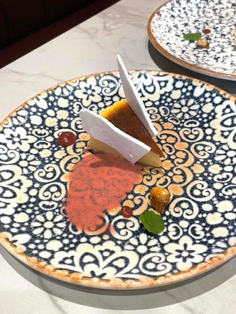 A piece of cheese on a plate with a decorative pattern.