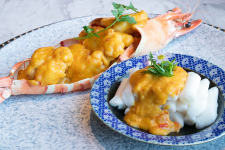 Seafood platter with shrimp, prawns and squidの写真素材