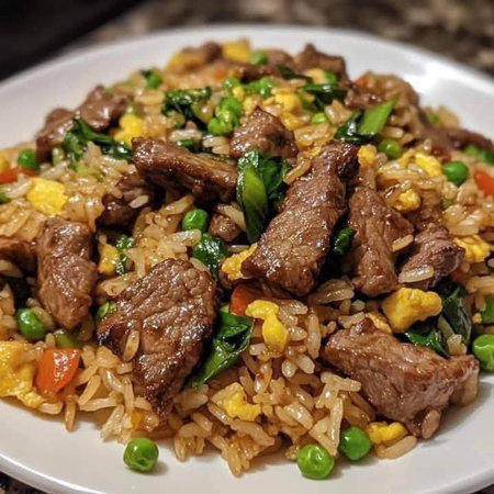 Chinese fried rice with beef and vegetables on a plate, close upの写真素材